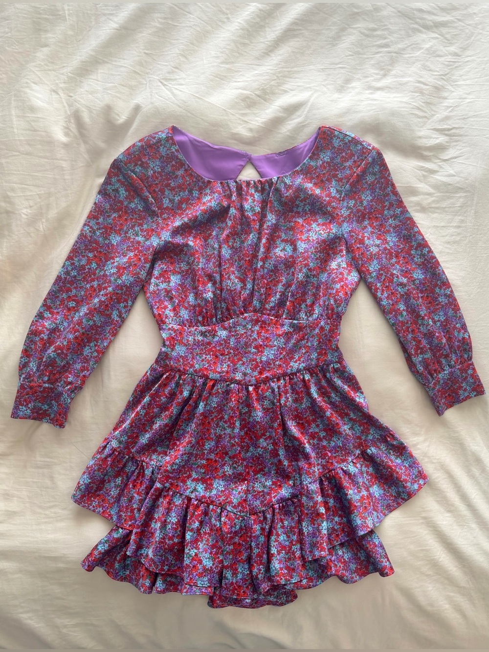For Love & Lemons Purple Mini Dress with Red Floral Print